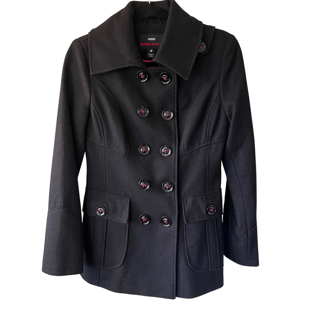 Miss Sixty M60 Black Double Breasted Wool Blend Pea Coat Jacket Sz S Vintage Y2K